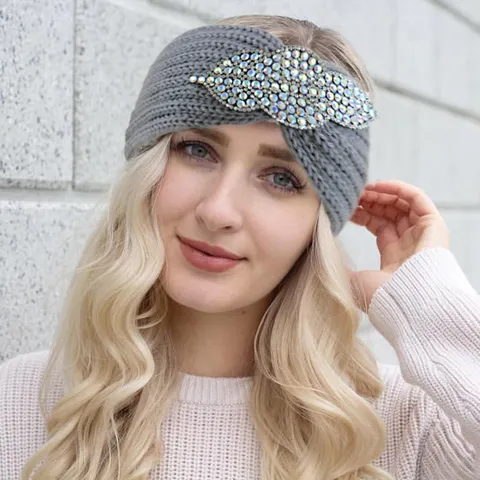 Vintage Polyester Ribbed Knit Headband for Women Rhinestone Leaf Decor Wide Elastic Hairband Casual Yoga Sports Turban