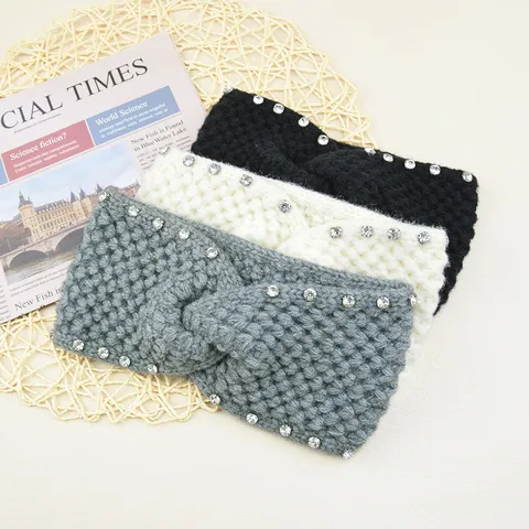 Gebreide Haarband Strass Voor Dames Warme Oorbescherming Gekruiste Kabelbrei Haarband Kristal Yoga Make-up Hoofdband