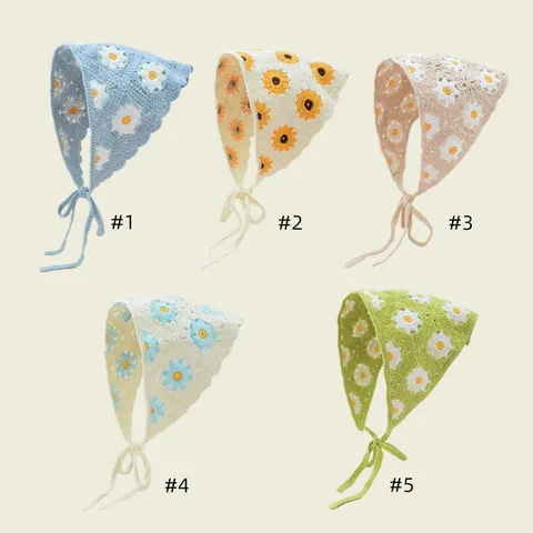 Pastoraal Gehaakt Gebreid Madeliefje Driehoekige Sjaal Hoofdband Voor Dames Franse Vintage Vetersluiting Haarband Bloemen Turban Hoofddeksel
