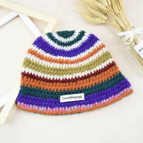 Hand-Knitted Colorful Striped Bucket Hat Warm Winter Fisherman Hat For Women Retro Boho Style Soft Acrylic Crochet Headwear