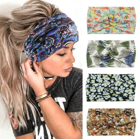 Polyester Printed Criss Cross Headband Elastic Sport Hairband Wide Yoga Turban Casual Headwrap For Women Workout Hair Accessories
