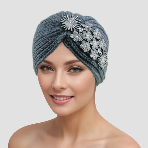 Women Knit Turban Hat Rhinestone Flower Winter Warm Brimless Beanie Solid Color Retro Ethnic Pullover Cap For Cold Weather