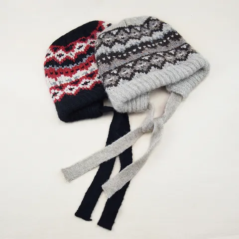 Damen Rautenmuster Jacquard Strickmütze Mit Lanyard Ohrenklappen Winter Warm Kontrastfarbe Pullover Wollmütze