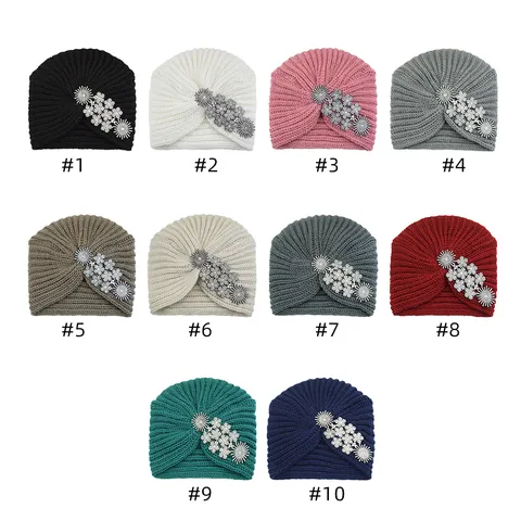 Women Knit Turban Hat Rhinestone Flower Winter Warm Brimless Beanie Solid Color Retro Ethnic Pullover Cap For Cold Weather