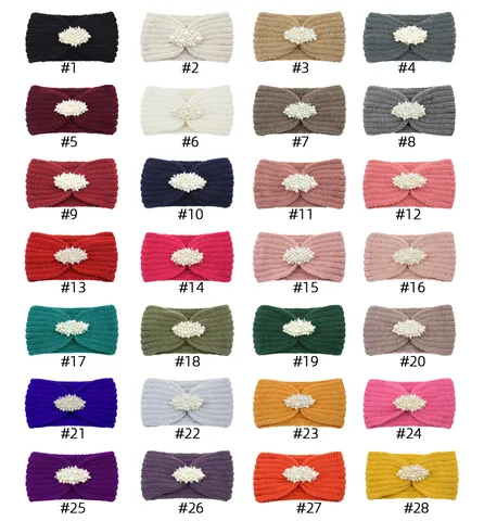 Vintage Polyester Knit Wide Headband With Artificial Pearl Rhinestone Warm Ear Warmer Hair Band For Women Hair Accessories