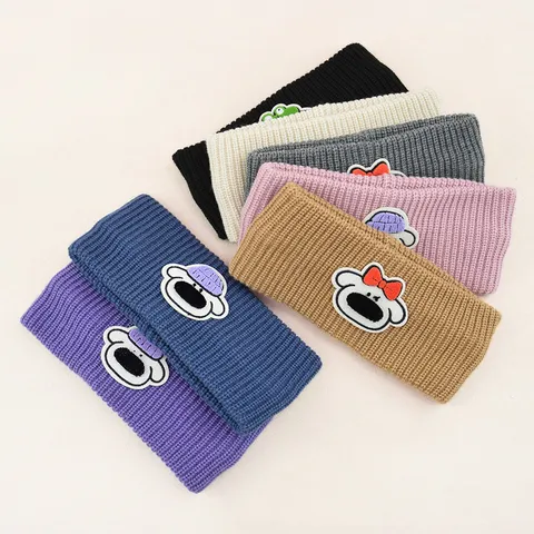 Fascia a Costine Retrò per Donna Uomo Morbido Acrilico Rigato Scaldaorecchie Con Simpatica Toppa Ricamata Cartone Animato Calda Fascia Larga per Capelli Sport