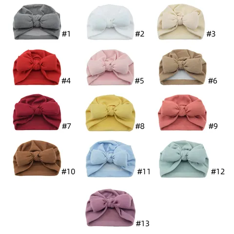 Cute Soft Polyester Solid Color Knotted Infant Turban Hat With Large Bowknot Outdoor Comfortable Windproof Pullover Beanie Caps For Toddler Baby Kids