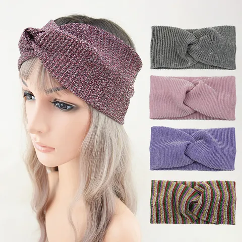Ribbed Twisted Headband For Women Glitter Metallic Thread Yoga Sports Hair Band Elastic Wide Headwrap Fashion Hair Accessories