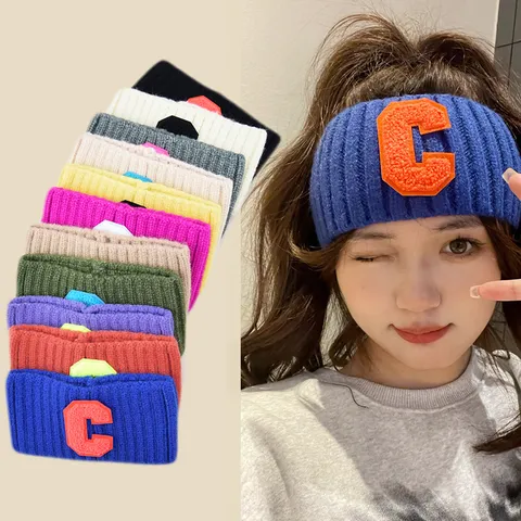 Fascia per Capelli in Lana a Maglia Y2K per Donna Fascia Larga Lettera C Contrasto Colore Righe Lavaggio Viso Copricapo Retro Stile Coreano Accessori per Capelli