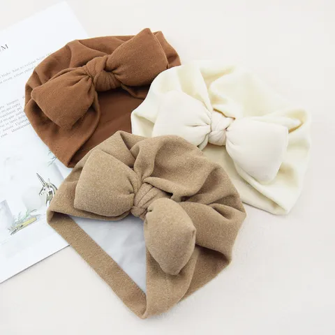 Cute Soft Polyester Solid Color Knotted Infant Turban Hat With Large Bowknot Outdoor Comfortable Windproof Pullover Beanie Caps For Toddler Baby Kids