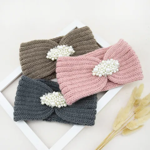 Vintage Polyester Knit Wide Headband With Artificial Pearl Rhinestone Warm Ear Warmer Hair Band For Women Hair Accessories