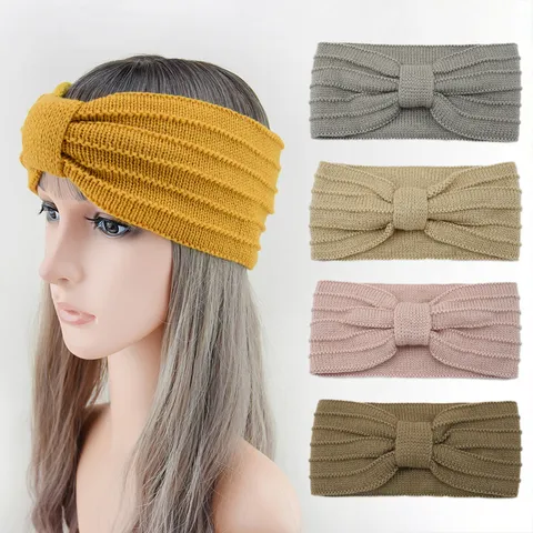 Western Style Knitted Acrylic Wide Headband Soft Warm Winter Elastic Hair Band Bowknot Ribbed Striped Turban For Women Sports Casual Headwear