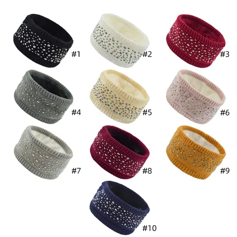 Women Vintage Knit Headband Fleece Lined Rhinestone Ear Warmer Braided Thermal Hairband Outdoor Elastic Hair Accessories Winter Turban