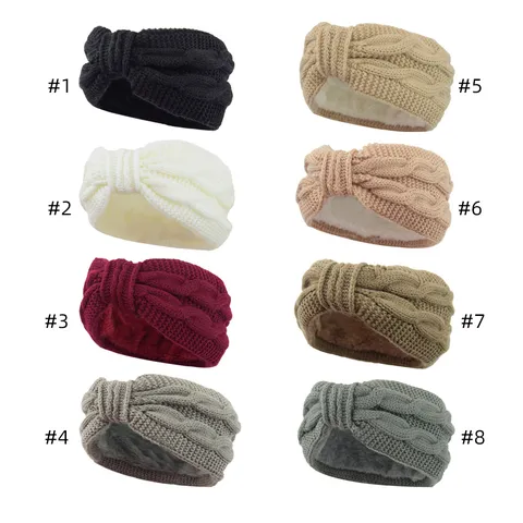 Women Winter Knitted Hairband Bowknot Plaid Geometric Fleece Lined Ear Warm Headband Western Acrylic Thick Cable Knit Hair Band