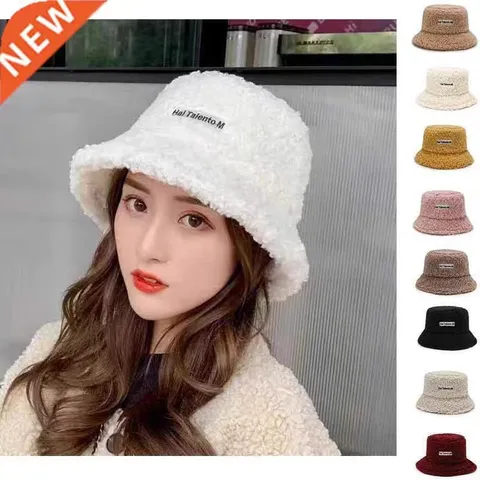 Women Winter Bucket Hat Faux Lamb Wool Warm Fleece Fisherman Cap Foldable Letter Patch Solid Color