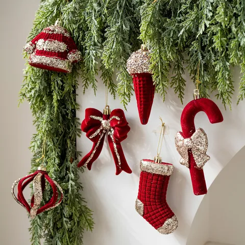 Burgundy Flocked Christmas Ornaments Glitter Snowflake Bell Candy Cane Tree Pine Cone Hanging Decorations Holiday Home Party Decor