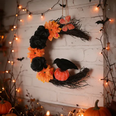 Halloween Moon Wreath With Black Crow And Orange Pumpkin Gothic Decoration For Front Door Wall Window Party Supplies