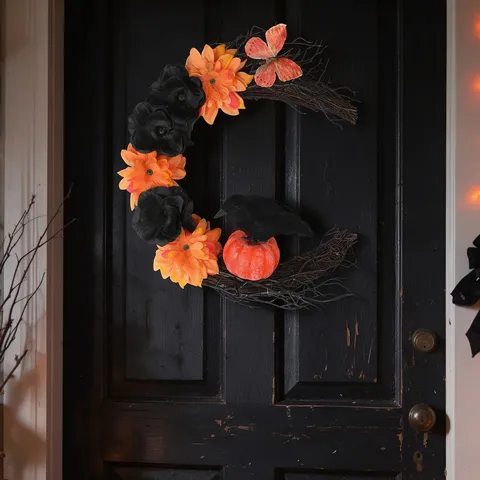 Halloween Moon Wreath With Black Crow And Orange Pumpkin Gothic Decoration For Front Door Wall Window Party Supplies