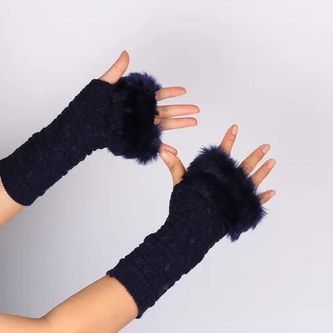 Women's Winter Warm Half Finger Gloves Cable Knit Faux Fur Cuff Arm Warmer Butterfly Pattern Acrylic Fingerless Gloves