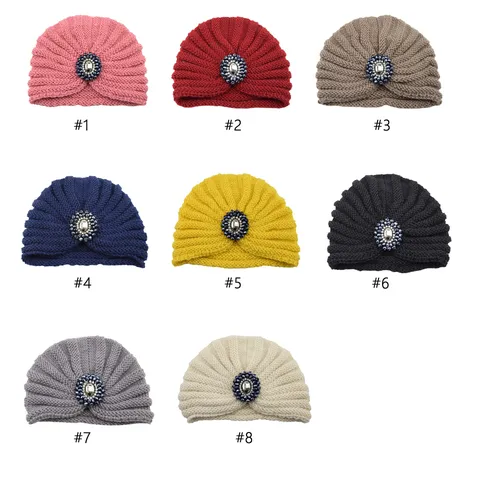 Bohemian Rhinestone Flower Knitted Indian Turban Hat For Women Retro Winter Warm Crystal Beanie Cap Fashion Headwear Accessory