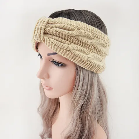 Women Winter Knitted Hairband Bowknot Plaid Geometric Fleece Lined Ear Warm Headband Western Acrylic Thick Cable Knit Hair Band
