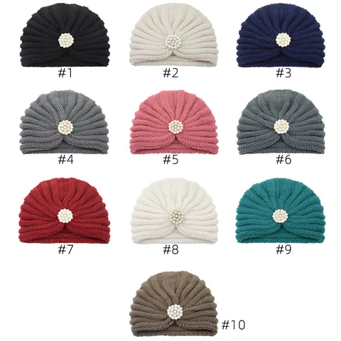 Berretto in Maglia di Poliestere Boho Caldo Invernale da Donna Con Decorazione di Perle Artificiali Fiore di Strass Turbante Indiano