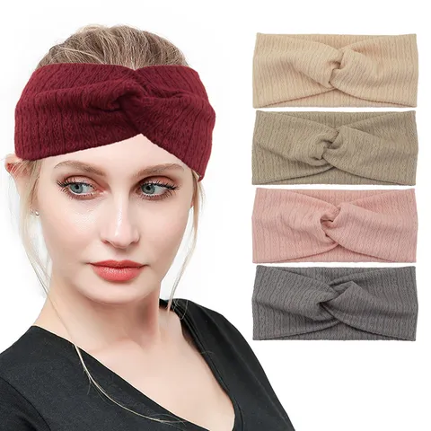 Bandeau Large Minimaliste en Poliestere Tricoté Losanges Avec Torsade Croisée Élastique Respirant pour Sports Yoga Cheveux