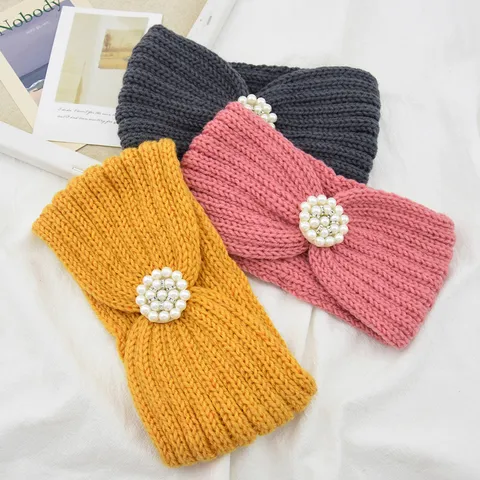 Western Style Polyester Knitted Hair Band With Artificial Pearl Rhinestone Flower Warm Headband For Women Yoga Sport Headwear