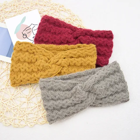 Women Winter Warm Knit Headband Criss Cross Cable Wave Crochet Ear Warmer Head Wrap Soft Polyester Outdoor Hairband Hair Accessories