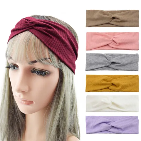 Women Ribbed Knit Crossover Headband Elastic Striped Turban Sports Hair Band Breathable Twisted Headwrap Yoga Washing Face Accessories