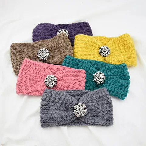 Women Retro Knit Headband Winter Warm Rhinestone Flower Hair Band Ear Warmer For Sport Yoga Hair Accessories