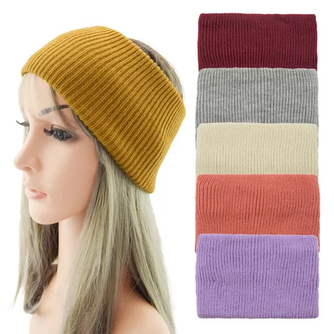 Western Solid Color Double Layer Knitted Headband Soft Acrylic Ribbed Ear Warmer Elastic Wide Hair Band For Sports Yoga Women Hair Accessories