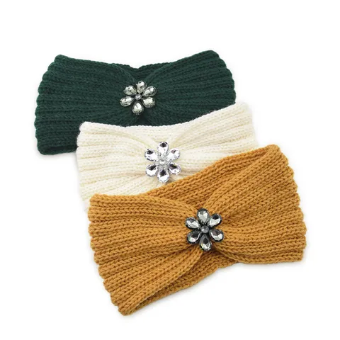 Western Knitted Headband With Rhinestone Flower Winter Warm Hair Band Ear Warmer For Women Outdoor Yoga Sport Hair Accessories