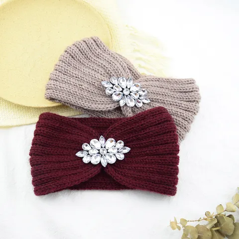 Women Trendy Cable Knit Headband Rhinestone Flower Warm Ear Warmer Winter Elastic Hair Band Turban Headwrap Accessories