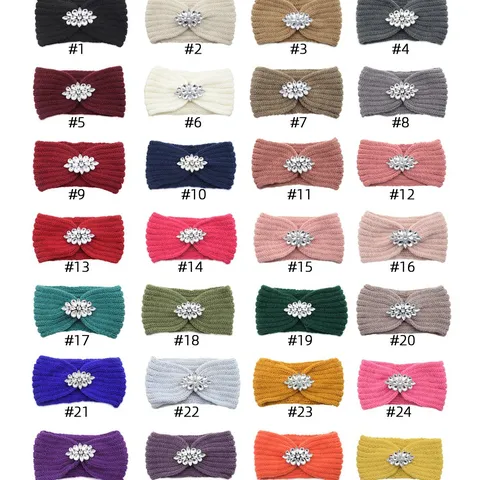 Women Trendy Cable Knit Headband Rhinestone Flower Warm Ear Warmer Winter Elastic Hair Band Turban Headwrap Accessories