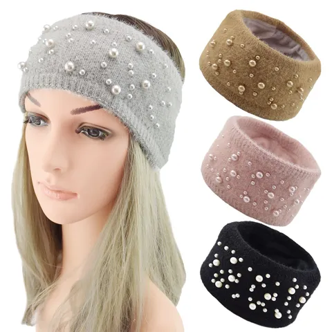 Westlich Garn Stricken Warm Stirnband Mit Künstliche Perle Einfarbig Herbst Winter Ohrenwärmer Haarband Für Damen Alltag Kopfschmuck