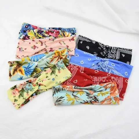 Bandeau Croisé Imprimé Mode Tissu Floral Cachemire Nœud Serre-tête Absorbe la Transpiration Accessoires Cheveux Élastiques Femmes pour Yoga Sport Lavage Viso
