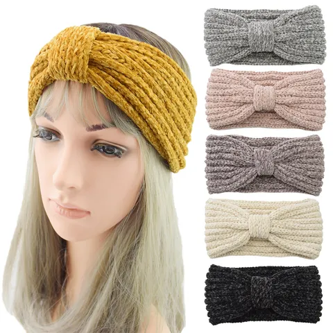 Women Knitted Yarn Bow Headband Winter Warm Corduroy Headband Sport Ear Warmer Handmade Hair Accessories Solid Color Hairband