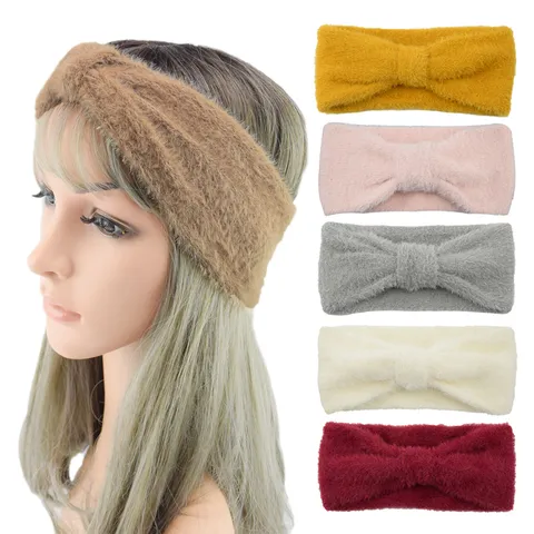 Πλεκτή Κορδέλα με Φιόγκο Faux Mink Χειμωνιάτικη Ζεστή Κορδέλα Crochet Ελαστικό Headwrap Αξεσουάρ Μόδας για Γυναίκες