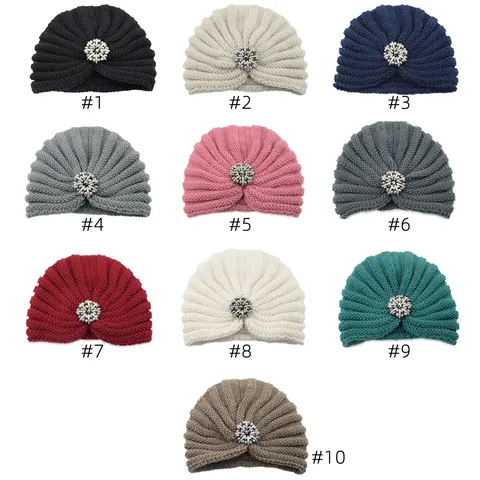 Bohemian Polyester Knit Beanie For Women Vintage Warm Winter Knit Hat With Shiny Silver Rhinestone Flowers Slouchy Turban Cap Headwear Accessories