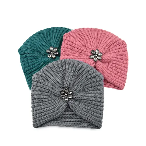 Bohemian Polyester Knit Turban Hat With Rhinestone Flower Elegant Warm Brimless Beanie Cap For Women Winter Party Headwear