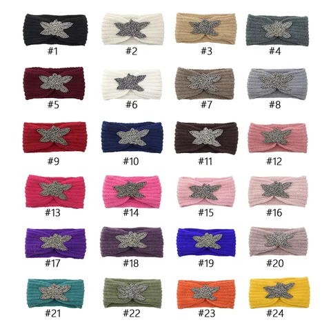 Western Style Rhinestone Knit Headband For Women Winter Warm Braided Crochet Hairband Ear Warmer Geometric Elastic Headpiece