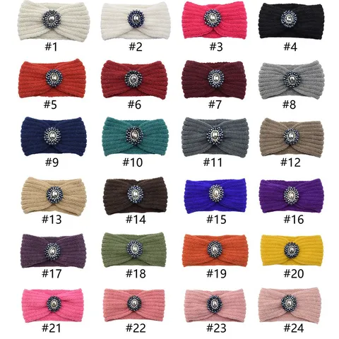 Women's Knitted Woolen Headband With Rhinestone Flower Ear Warmer Winter Warm Crochet Hair Band Sports Outdoor Head Wrap Hair Accessories
