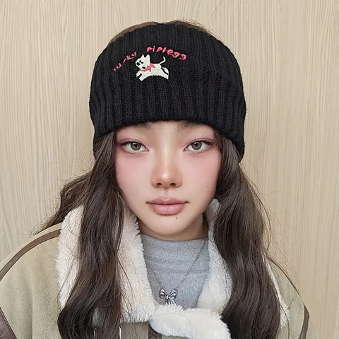 Cute Puppy Embroidered Knitted Headband Soft Elastic Wide Hair Band Warm Winter Headwrap For Women Makeup Face Wash Ear Warmer