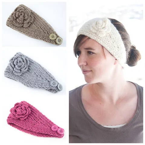 Damen Gestrickt Blumen Stirnband Retro Polyester Kamelie Ohrenwärmer Kopfband Elegant Weich Haarband Winter Haarschmuck
