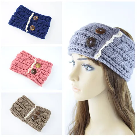 Women Retro Knit Headband Ear Warmer Yarn Braided Hair Band With Double Wood Buttons Lace Trim Crochet Turban Hair Accessories For Autumn Winter Daily Wear