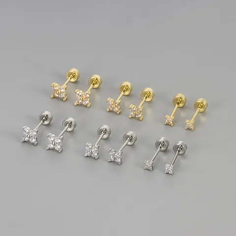 Moda Rame Strass Quadrifoglio Orecchini a Bottone Chiusura a Vite Piatta Gioielli Piercing Cartilagine per Donna Regalo Quotidiano