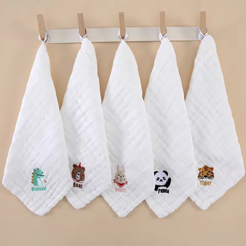 Newborn Baby Cotton Gauze Face Towel Cute Cartoon Animal Embroidery Soft Infant Saliva Towel Daily Care Handkerchief