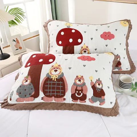 Thickened Eight Layer Cloud Cotton Pillow Towel Lace Trim Cartoon Print Soft Bedding Pillow Sham For Student Dormitory Home