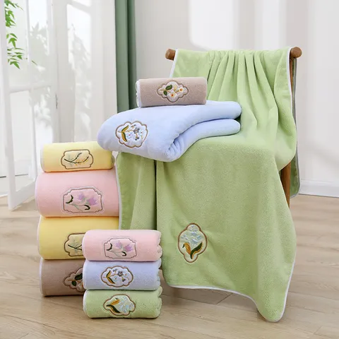 Coral Fleece Towel Set Cartoon Floral Embroidered Face Bath Towel Soft Absorbent Home Bathroom Towels Gift